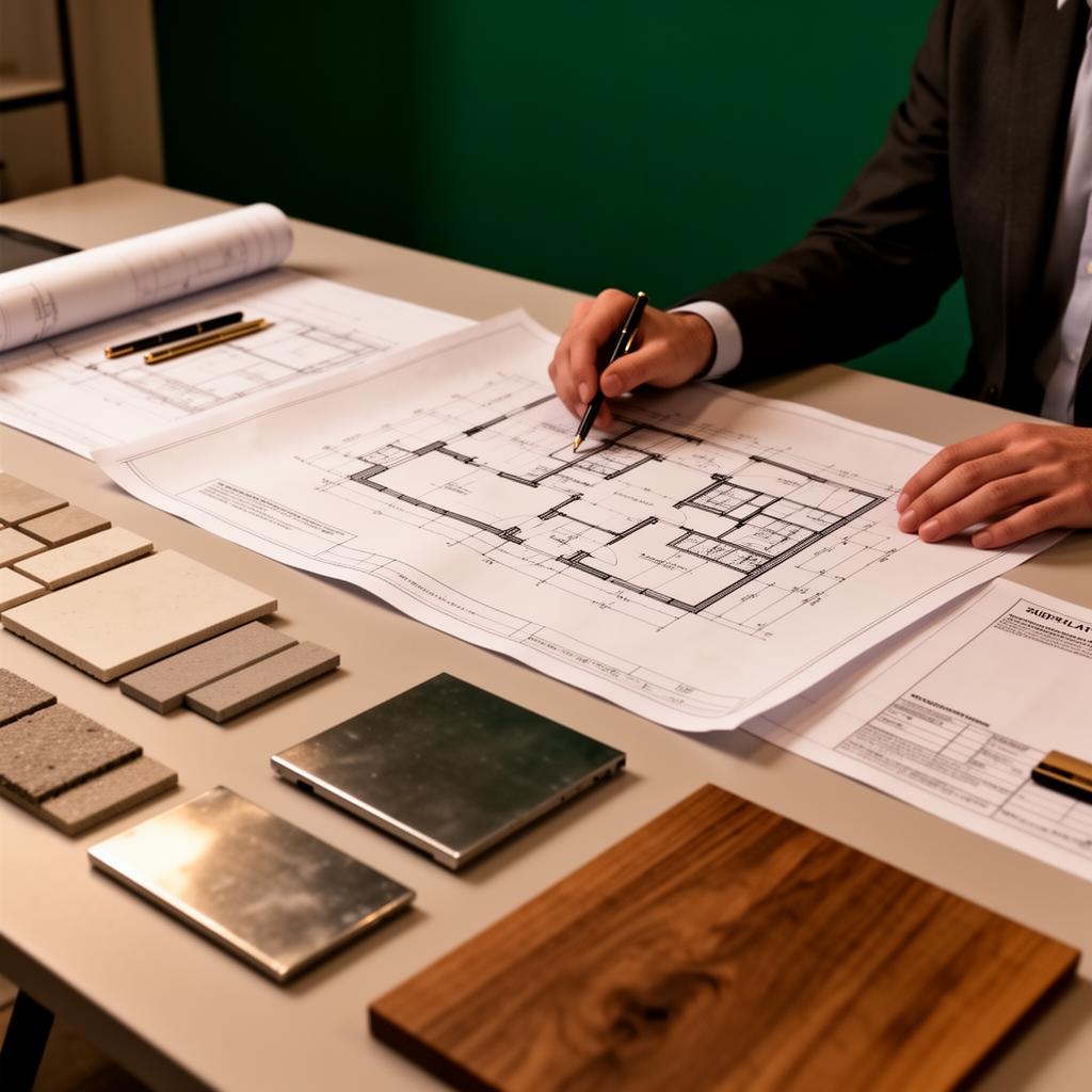 Specifications, blueprints, and building product samples on a desk